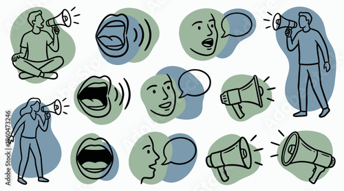 Office executive and marketing manager shouting into megaphones with open mouth icons and speech bubbles on abstract shapes, concept for digital promotion, public announcement and alert