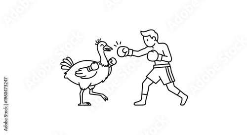 Comical illustration of a human boxer sparring with an avian competitor in a lighthearted and