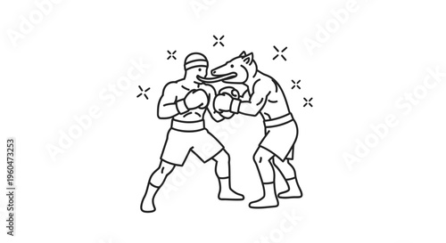 Line art illustration of an unusual boxing match between a human and an anthropomorphic dog with a
