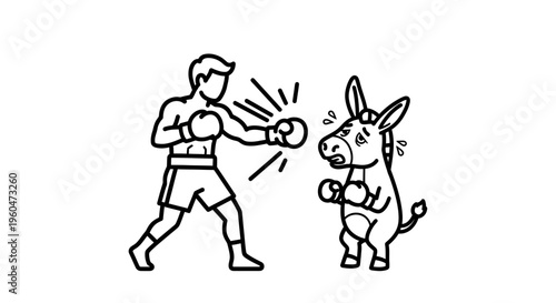 Dynamic line art illustration featuring a determined human boxer throwing a jab at a sad donkey in