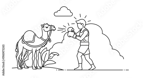 Unconventional desert confrontation between a focused boxer and an unimpressed camel
