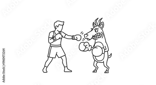 Humorous struggle between a determined pugilist and a feisty equine opponent delivering playful jabs