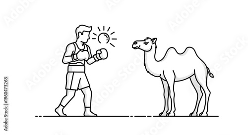 An illustrated boxing match between a determined fighter and a stoic desert camel challenge