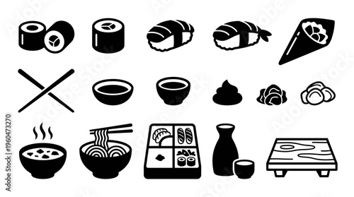 Collection of black Japanese food and sushi icons featuring ramen, bento box, miso soup and chopsticks on white, concept for restaurant menu design, culinary branding and graphic application