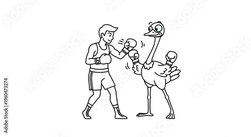 Dynamic outline of a man boxing an ostrich, portraying a humorous and unusual sporting event