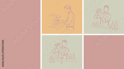 Professional head barista making coffee and mixologist bartender shaking cocktails on colorful grid background, concept for cafe menu design, hospitality training and restaurant advertising