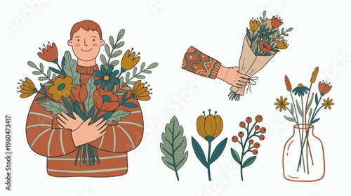 Professional florist entrepreneur holding large bouquet of wildflowers with hand holding wrap and vase icons, concept for small business branding, flower shop marketing and floral retail ads