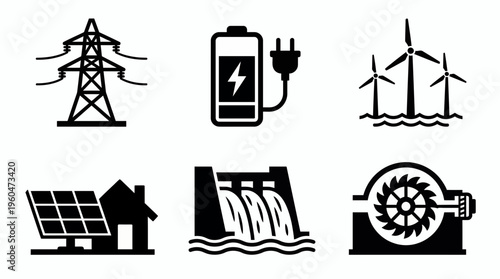 Set of black icons showing renewable energy sources such as wind turbine solar panel dam and power line, concept for sustainable development, eco friendly technology and green infrastructure