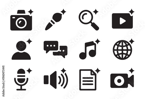 Set of communication and multimedia icons representing digital content creation and online engagement on white background