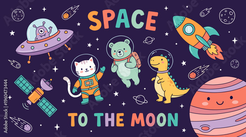 cute cartoon animal astronauts with cat bear dinosaur and alien flying in outer space with rocket ship and planets, concept for children education, nursery wall art and kids room decor
