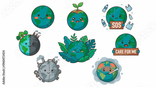 Kawaii earth mascot character set showing various environmental states from healthy to polluted and sick on white background, concept for ecology awareness, climate education and green campaign