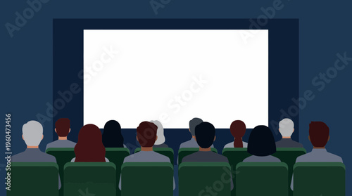 Corporate executives and professional office managers sitting in auditorium seats watching large blank white projector screen, concept for business presentation, marketing seminar and advertising