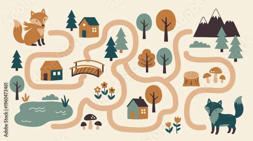 Cute forest maze map illustration featuring foxes, small houses, trees and a bridge on a cream background, concept for educational puzzle games, children's activity book and creative forest map design