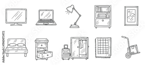 Hand drawn sketch collection of various household furniture, electronic devices, and moving objects perfect for interior decoration, home relocation services, and daily living concepts