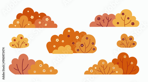 Set of autumn bushes and flowering shrubs in flat vector style with warm orange and yellow colors isolated on white, concept for landscape design, seasonal gardening and nature illustration