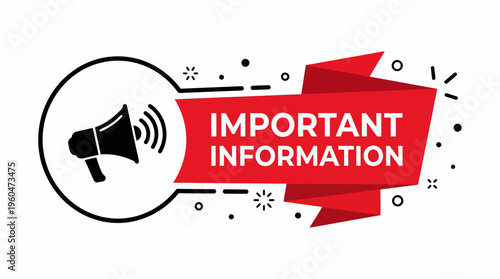 Megaphone icon with important information text on red origami banner ribbon and white background with decorative dots, concept for marketing announcement, business notification and news alert