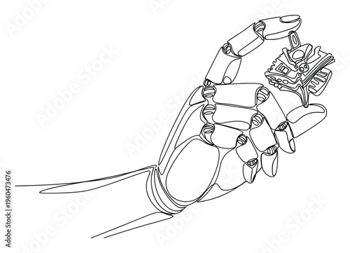 Modern robotic hand precisely holds a futuristic microchip or complex tech component, representing advanced automation and technological innovation for engineering and artificial