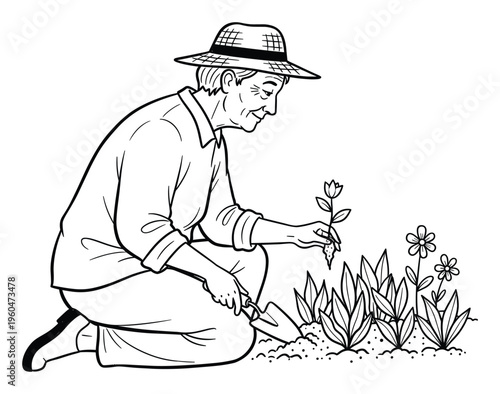 Senior woman wearing a sun hat kneels in a garden, carefully planting a small flowering seedling into the soil with a hand trowel, symbolizing peaceful horticulture and active outdoor