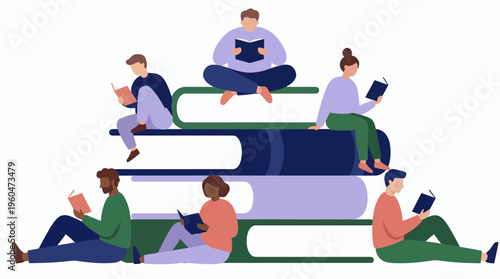 Diverse professional researchers and office executives sitting on large books while reading, concept for corporate training, professional development and academic self-improvement