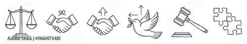 A collection of outlined justice, business, peace, and solution icons, perfect for representing legal concepts, agreements, growth, and unity in various commercial projects.