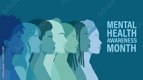 Diverse female business professionals silhouettes side profile for mental health awareness month on blue background, concept for workplace wellness, human resources and corporate inclusion