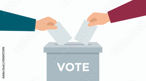 Flat illustration of human hands putting white paper ballots into a gray voting box, concept for political election, democratic process and civic duty participation