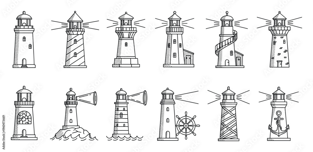 Naklejka premium A comprehensive set of iconic lighthouse illustrations in a distinct outline style perfect for maritime navigation themes, nautical decor, or coastal safety graphics