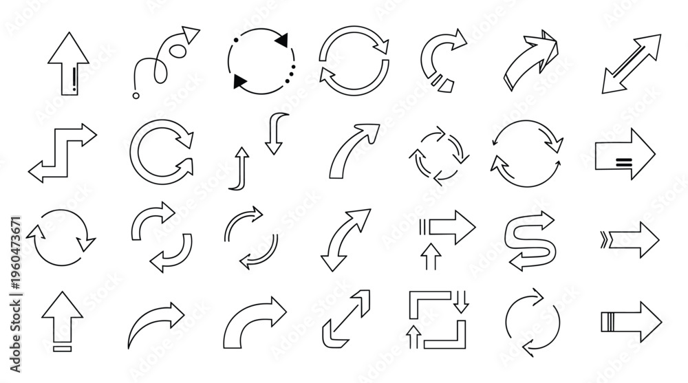 Fototapeta premium Collection of various outline arrow symbols and directional signs suitable for web interfaces, infographics, diagrams, and business presentations.