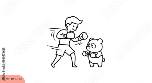 Whimsical illustration of a young boxer training playfully with an adorable panda in a minimalist