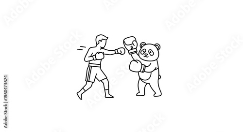 Dynamic minimalist line art illustration of a human boxer sparring with an adorable panda