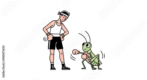 Amusing animated human boxer observes a tiny yet determined grasshopper in boxing gear, ready to
