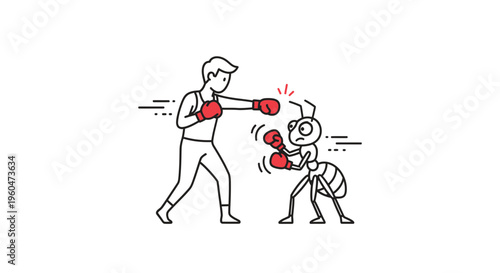 An unusual boxing match between a human and a tiny but determined ant, showcasing an unexpected