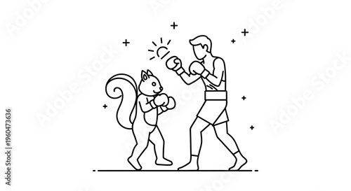 Man and squirrel in an animated boxing match with a spark of creativity