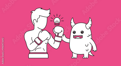 Confronting creative challenges with fresh ideas, a metaphorical struggle for innovation and victory