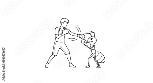 Black and white line art depicting an intense boxing match between a human and a defiant ant