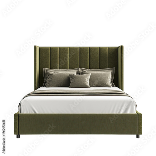 Modern bed with headboard and footboard, olive green fabric, front view, white background white background png
