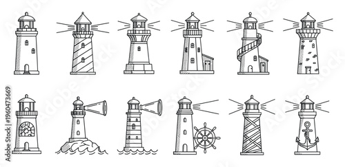 A comprehensive set of iconic lighthouse illustrations in a distinct outline style perfect for maritime navigation themes, nautical decor, or coastal safety graphics
