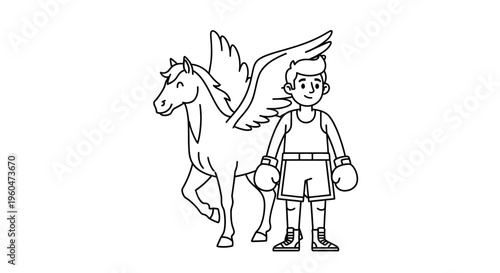 Strong young boxer standing with his mythical winged horse companion illustration