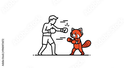 Human and red panda cartoon characters engaged in a friendly boxing match, illustrating a playful