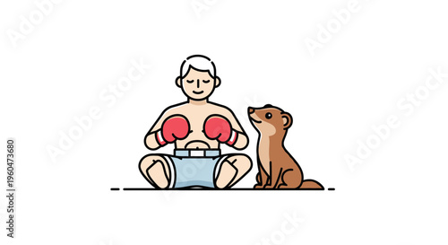 Meditative Boxer and Attentive Companion Finding Inner Peace in a Serene Illustration