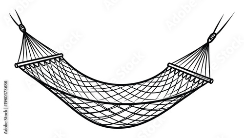 Black and white outline drawing of an empty woven net hammock suspended, perfect for summer vacation themed travel promotions or outdoor relaxation graphics.