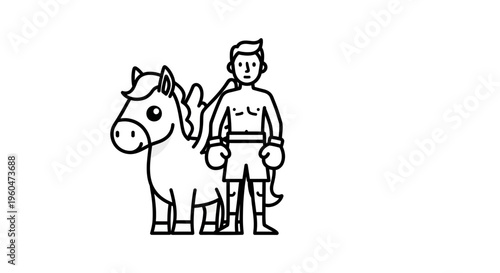 Whimsical illustration of a powerful boxer standing proudly beside a charming winged pegasus