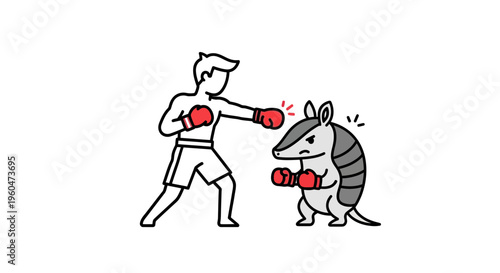 A humorous illustration depicting an unusual boxing match between a human and a defensive