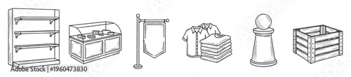 Collection of essential commercial display objects like shelving units, glass showcases, clothing, signage, and wooden crates ideal for illustrating store layouts, product presentation