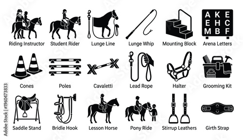 Comprehensive collection of equestrian sport icons depicting horse riding lessons, training equipment, and stable accessories for educational materials, website graphics, and sporting event