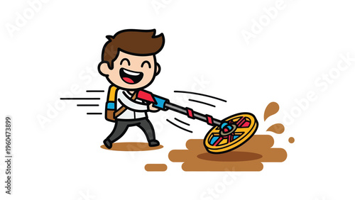 Happy cartoon boy finds gold coin with metal detector, treasure hunting adventure illustration