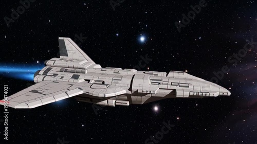 spaceship flying through galaxy with vibrant nebula and stars