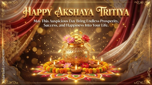 Ornate golden pot filled with coins and lotus flowers on a vibrant rangoli with diyas, celebrating Akshaya Tritiya with wishes for prosperity and success