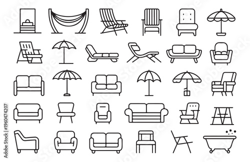 Set of various indoor and outdoor furniture and home decor thin line icons, illustrating common household items
