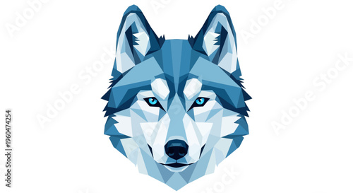 Geometric Wolf Head Portrait, Low Poly Style, Blue and White Tones, Abstract Animal Art